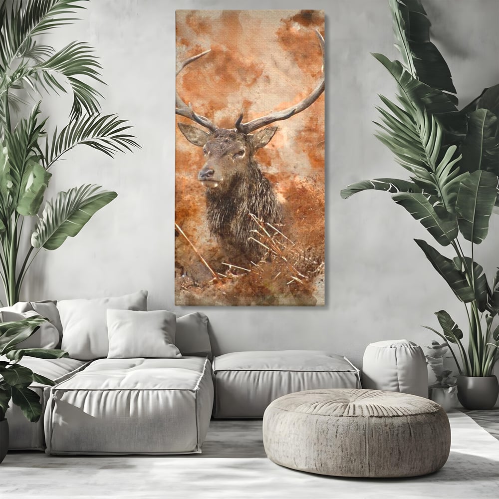 Tablou canvas cu tablou canvas cu cerb in padure, fara rama, pe sasiu de lemn, pe perete intr-un living